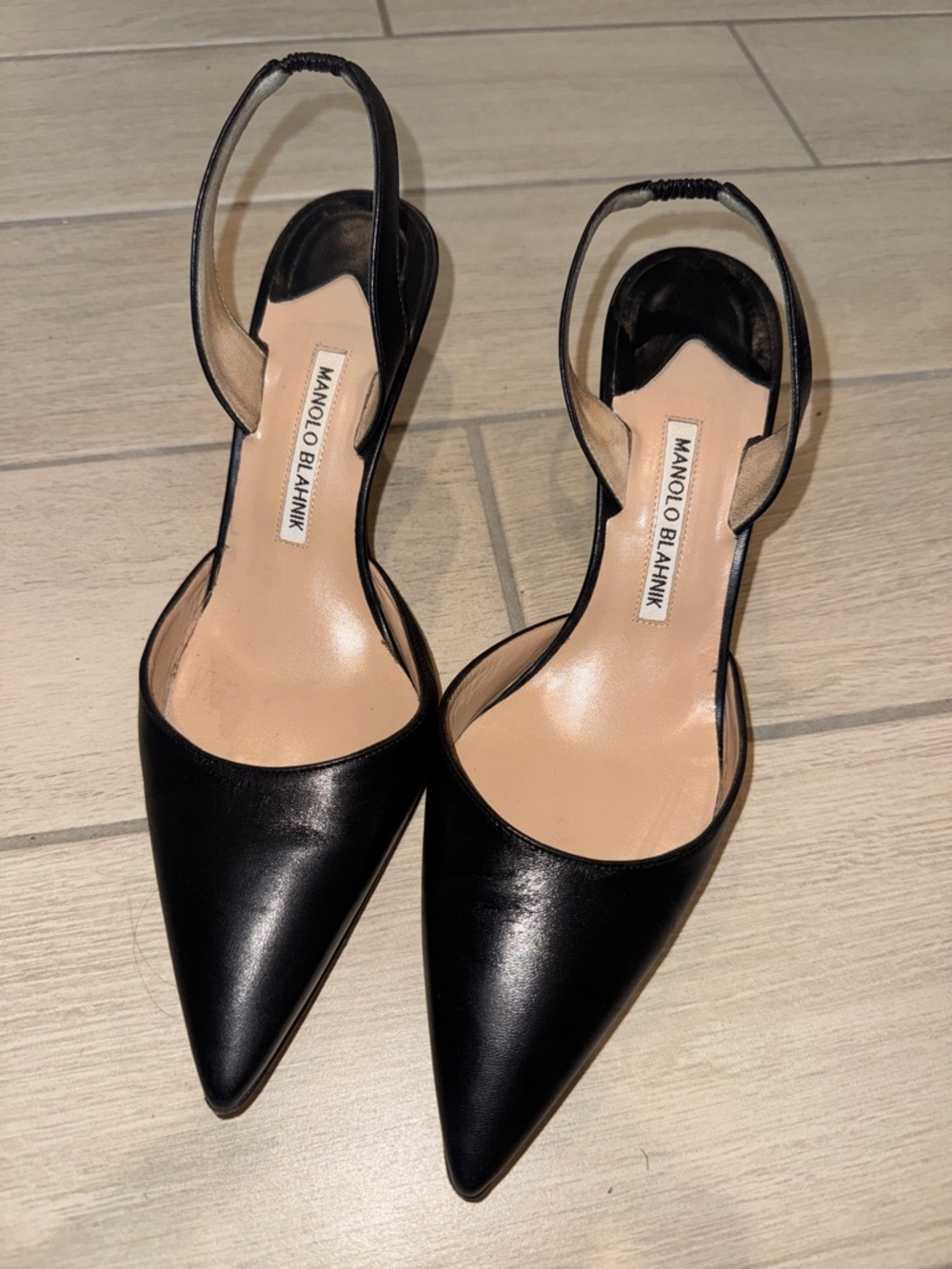 Manolo Blahnik Black Pointed Leather Slingback Heels